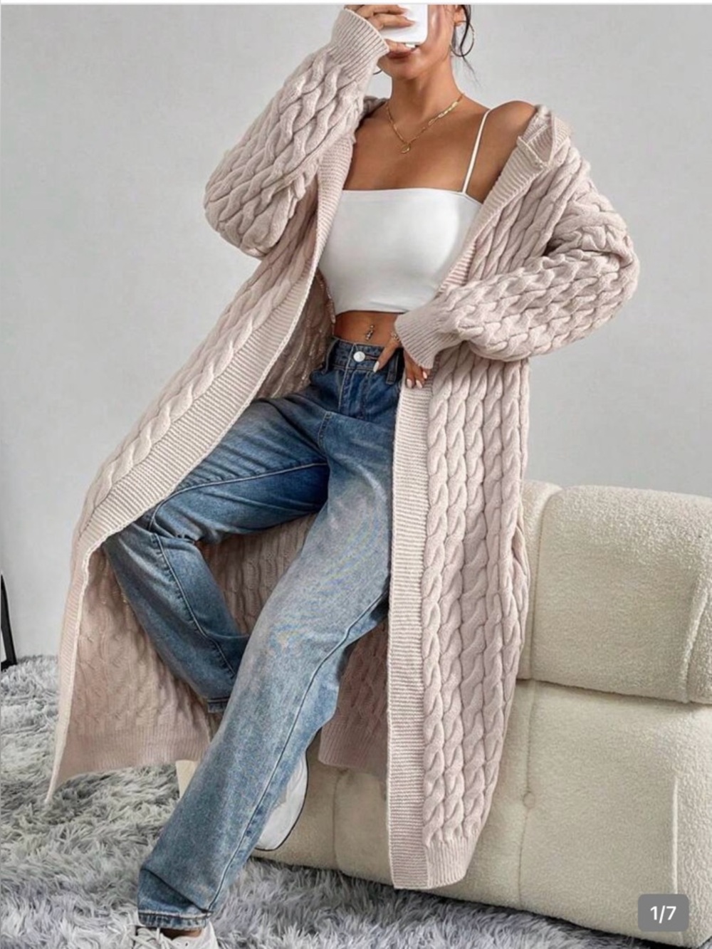 Source Unknown Long Cable-Knit Cardigan - Cream/ Oversized - Picture 3 of 7
